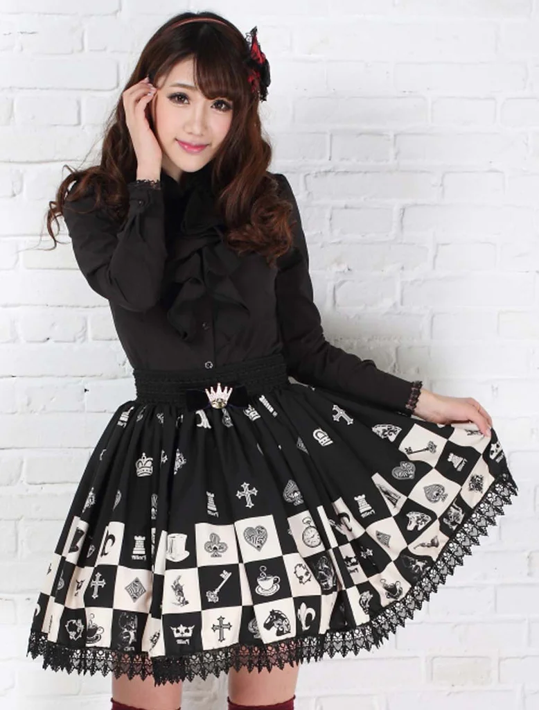 Gotisk elastisk talje skater nederdel sød ternet/ternet kawaii sort blonde korte lolita nederdele