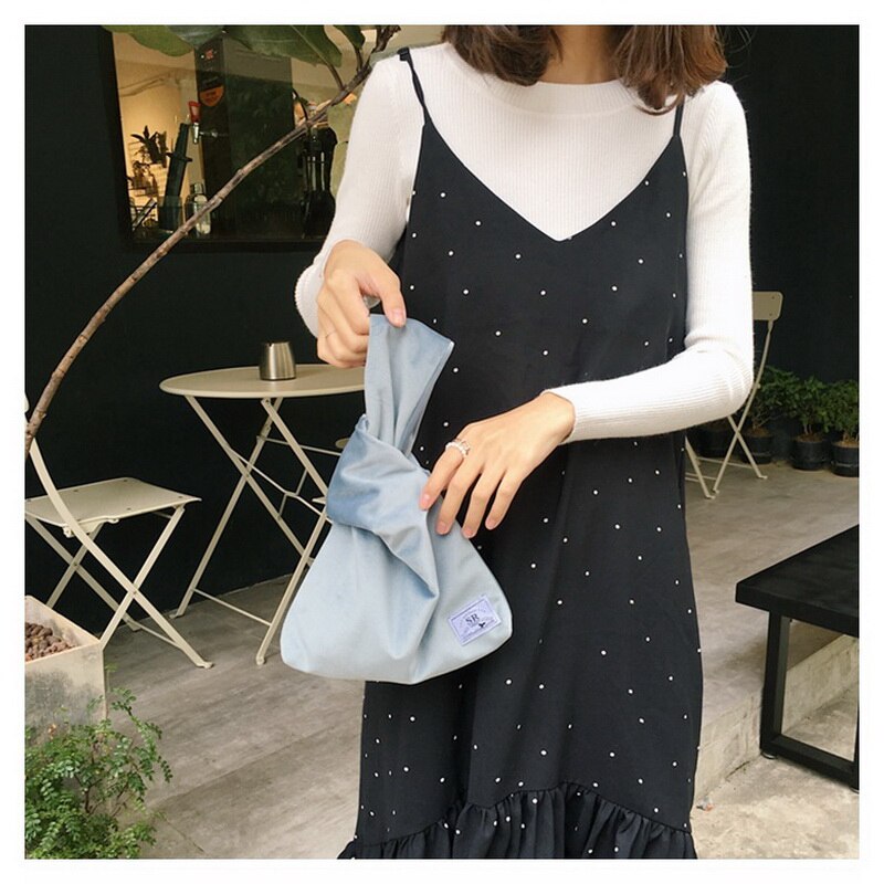 Japanese Style Simple Women Knot Wrist Bag Grid Girl Velour Wristlets Square Tote Mobile Phone Key Small Bags Bolsa Feminina