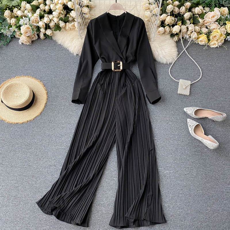 Alphalmoda höst dam veckad jumpsuit långärmad bälte med kontorsdamer snygga rejäla byxor: Svart
