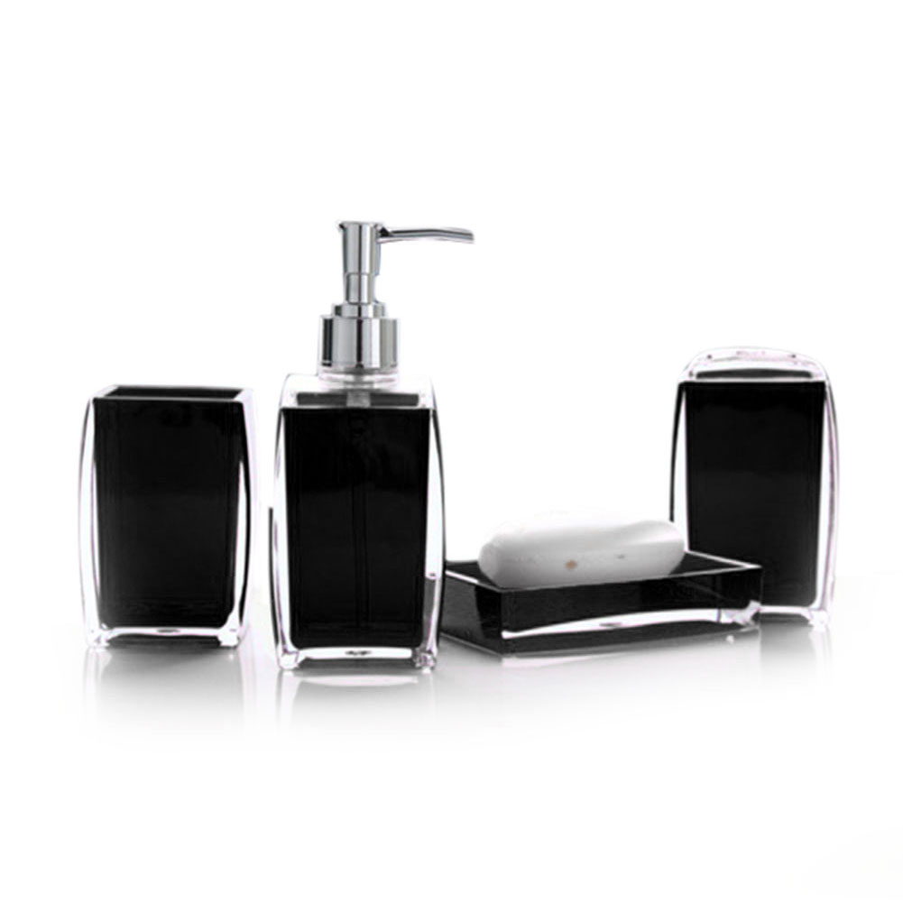 Newly Acrylic 4 Piece Bathroom Accessory Set Soap Dispenser Bottle Soap Dish Cup Toothbrush Holder Case Caddy XSD88: Black