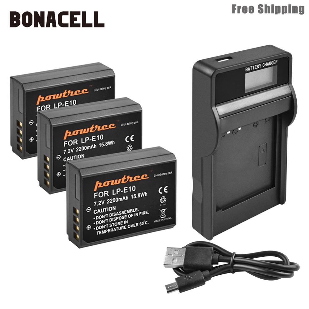 Bonacell 2200mAh LP-E10 LP E10 LPE10 Camera Batterij + LCD Oplader Voor Canon 1100D 1200D 1300D Rebel T3 T5 KUS X50 X70 Batterij L50