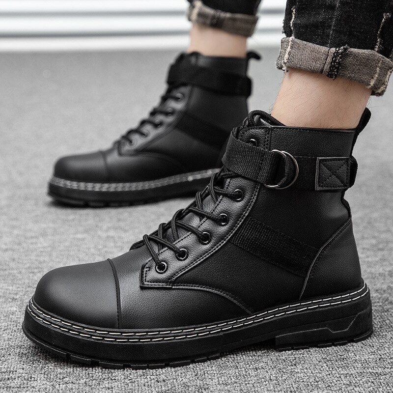 Men Ankle Martin Boots Outdoor Leather Black Autumn Spring Non-slip Walk Male Casual Flats Shoes Sneakers Comfortable