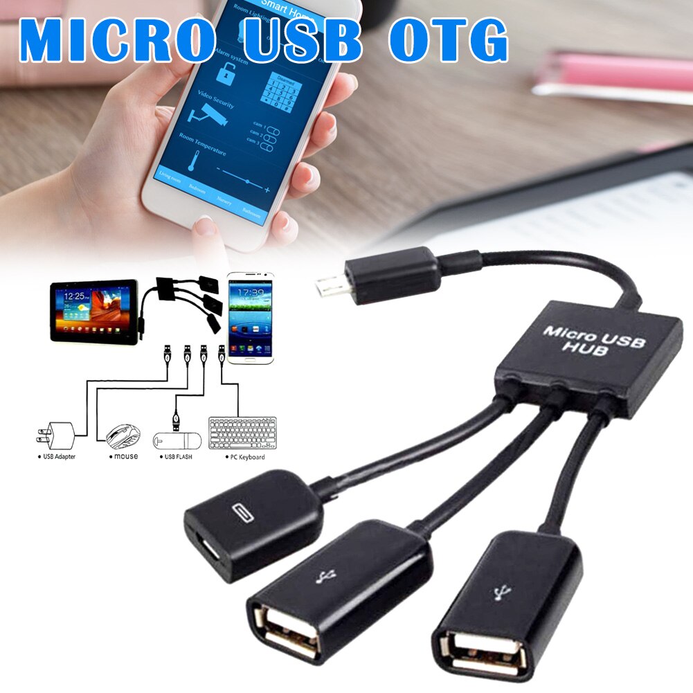 Micro USB HUB 3 en 1 macho a hembra y doble USB 2,0, Cable adaptador OTG, DJA88: Negro