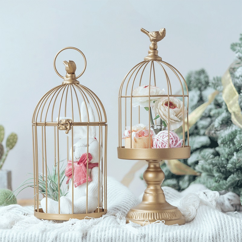 Retro ins bird cage decoration golden wrought iron bird cage rack wedding desktop metal decoration