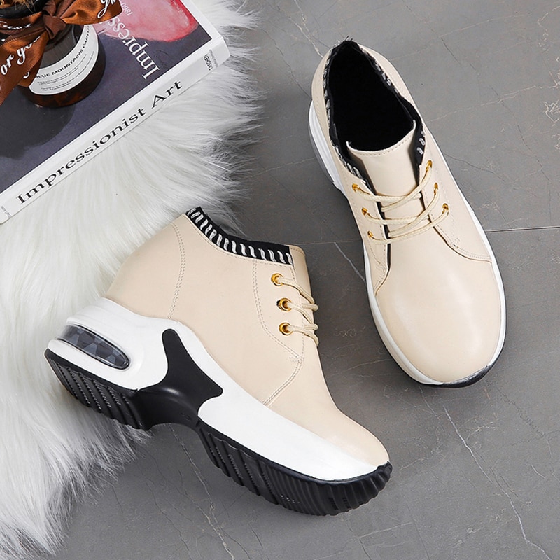 Spring Increase Height Wedge Sneakers Simple Lace Up High Platform Sneakers Beige Brown Casual PU Leather Shoes Outdoor