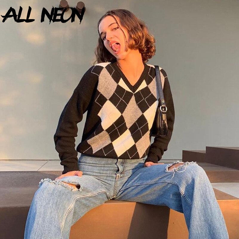 Vintage Clothes Preppy Style V Neck Sweater Women Autumn Casual Argyle Plaid Y2K Jumper Female Korean Fashion Pullover Winter