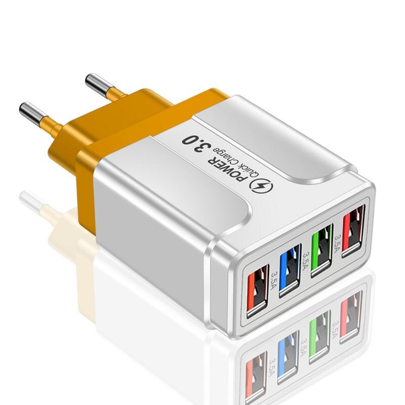45W USB phone Charger 4 Ports QC3.0 Quick Charge 3.0 4.0 Universal Wall Fast Charging Adapter For iPhone Mobile Phone Chargers: Yellow EU