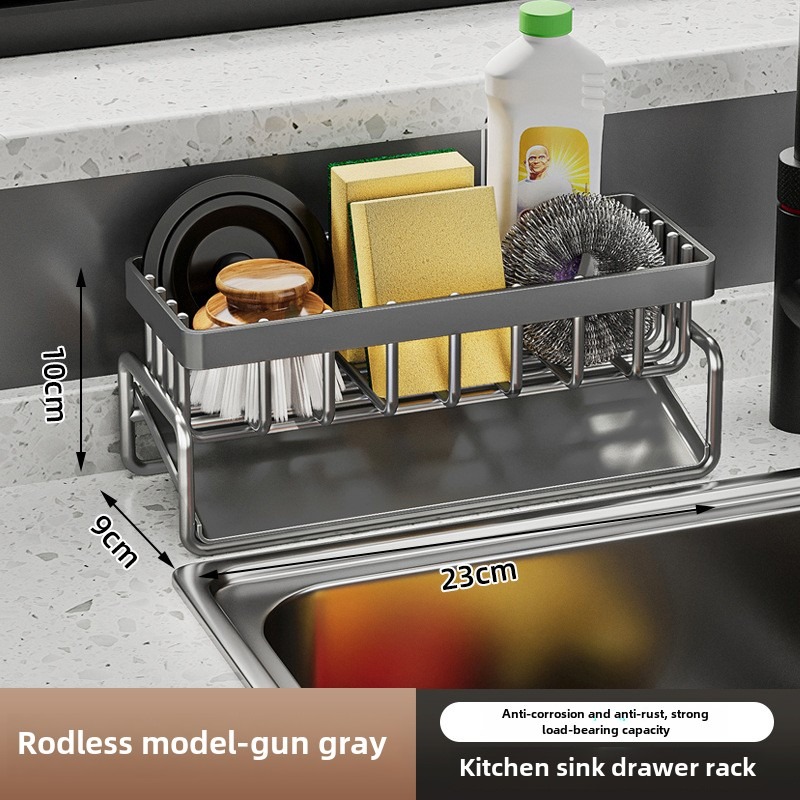 Roestvrijstalen aanrechtorganizer, kraanrek, sponshouder, handdoekplank, zelflozende opslag voor gootsteenaccessoires: Dark Gray