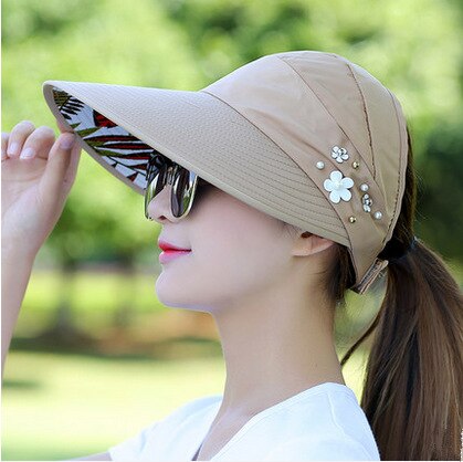 Kvinder sommer solhatte strand hat beskyttelse uv beskyttelse kvinde kasket afslappet dame sommer kasketter hestehale bred skygge hat: Khaki