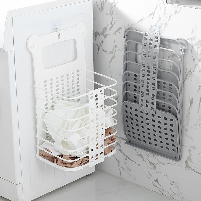 Upgraded Plastic Dirty Laundry Basket Foldable Home Dirty Hamper Sturdy Handle with 2 No Drilling Hooks
