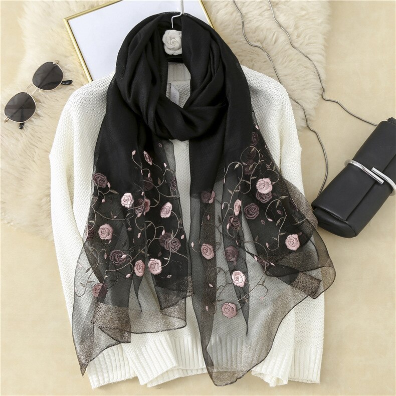Real Silk and Wool Women Scarf Floral Embroidery Lady Headband Scarves Pashmina Shawl Wraps Bandana Hijab Big Size Beach: 7