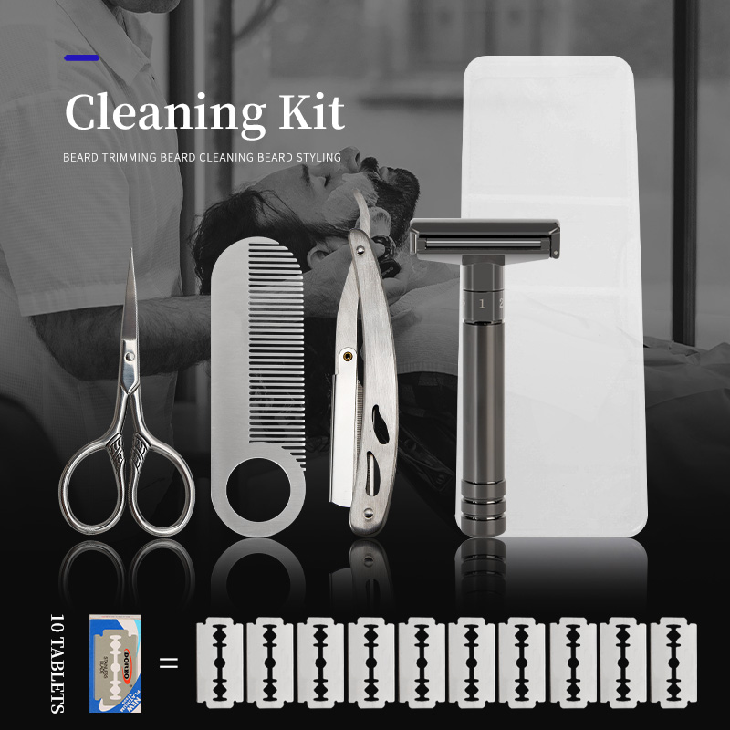 Un impostato di rasoi manuali vecchio stile per uomo, impostato di rasoi manuali tradizionali, inclusi rasoi a T, rasoi pieghevoli, piccole forbici, pettini, zoppo di ricambio e scatole di immagazzinaggio