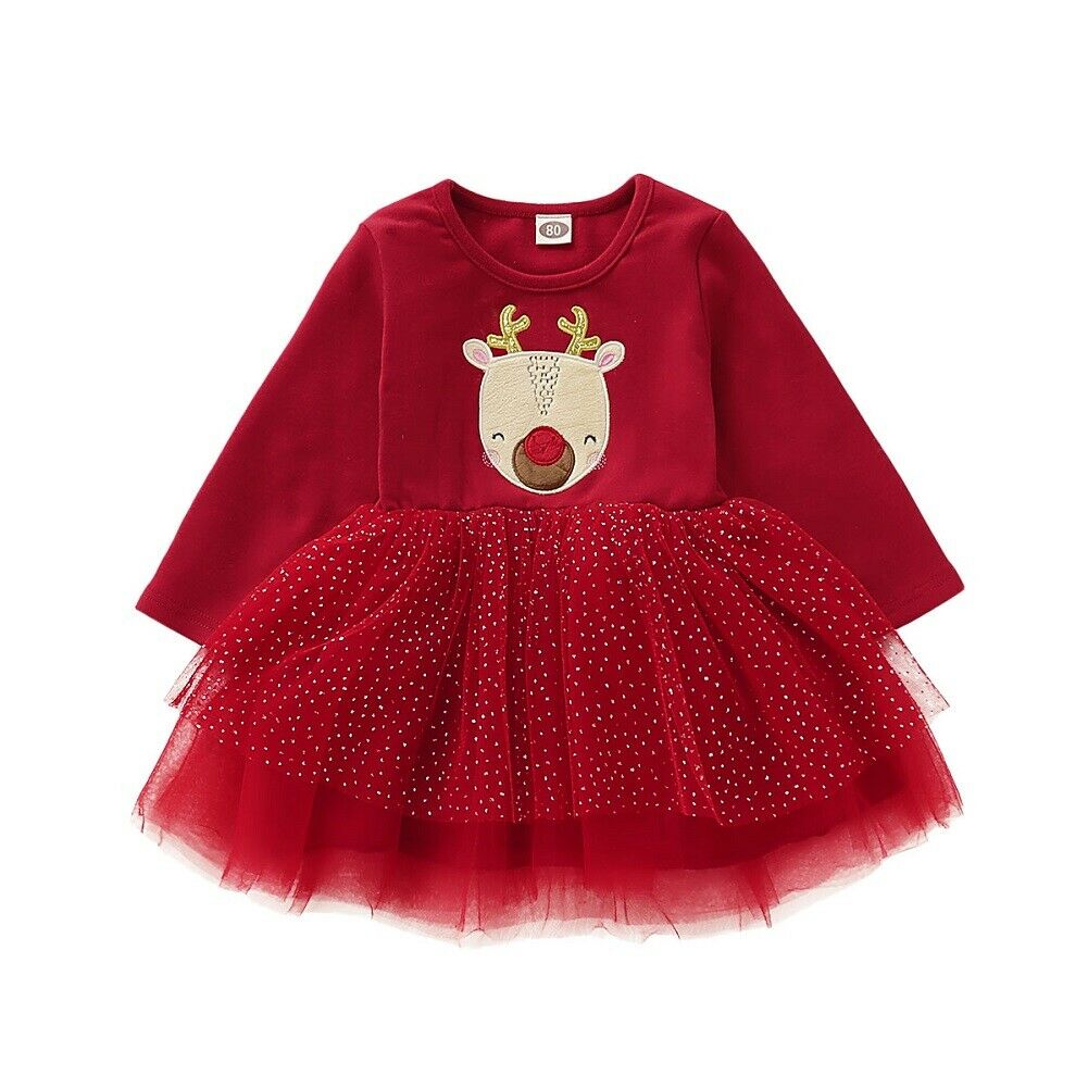 Robe De Noël Pour Bébé Fille - Ensemble Manches Longues, Jupe, Bretelles Cerf, Bandeau, Motif Dessin Animé - 9