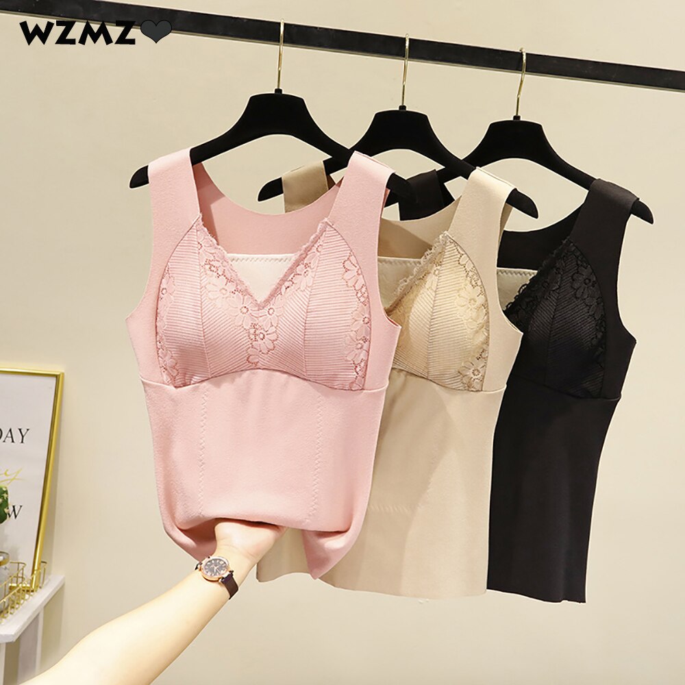 Frauen Winter warm Plus Samt Panzer oben sexy V-ausschnitt Spitze Ernte Spitzen Leibchen Dicke Weibliche oben Mit gepolstert Seide Patch caraco femme