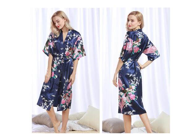 Peignoir kimono en satin pour femmes, vêtements de nuit longs, en élasthanne, motif imprimé paon floral, pour fête, mariage, demoiselle d'honneur: XXXL / Or