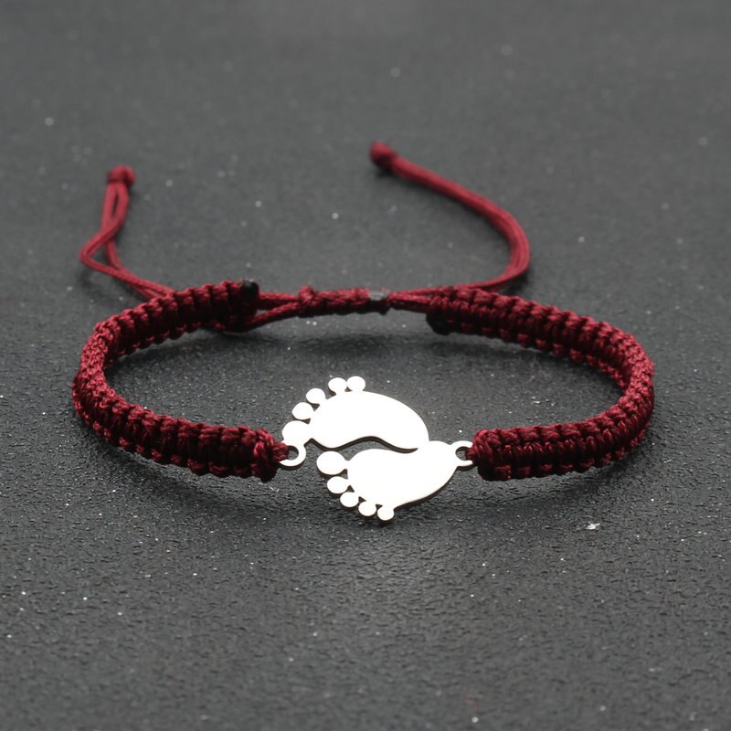 Bransoletka amulet ze stali nierdzewnej para urocza mała stopa szczęście czerwona nić plecione bransoletki i Bangles dla kobiet mężczyzn biżuteria mankiet: Red wine
