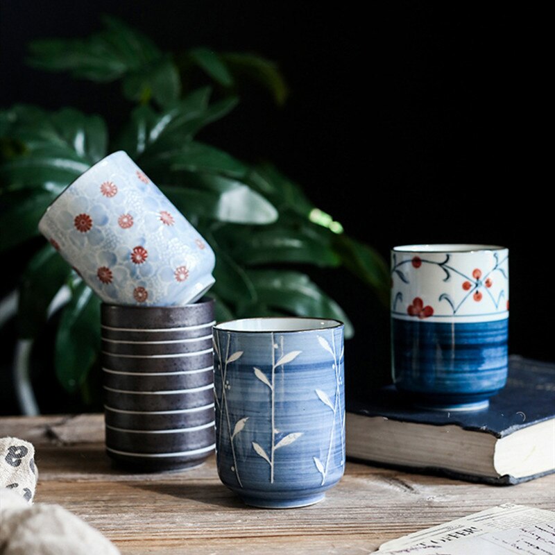 Grote waterbeker in japanse stijl, beschilderde watermok, theekop van steengoedkeramiek, handbeschilderd keukendrinkgerei, rechte theekom