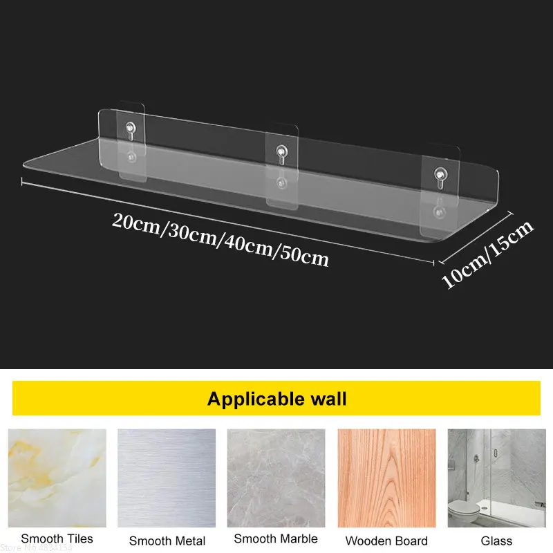Estante de pared acrílico transparente de 20-50cm, organizador de almacenamiento flotante para baño/cocina, estante montado transparente grueso para decoración