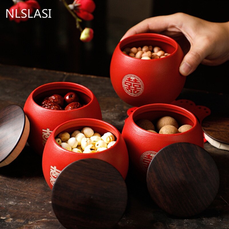 Chinese Red Ceramics Tea Caddy Travel Tea Bag Storage Box Sealed Tea Jar Coffee Canister Kitchen Spice Containers Wedding