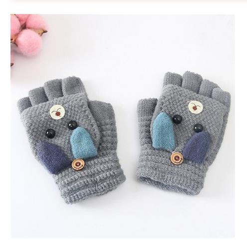 Winter Christmas Kids Warm Gloves Primary School Cashmere Knit Flip Half Finger Gloves Cartoon Mittens For Boys Girls 6-12Y: Gray