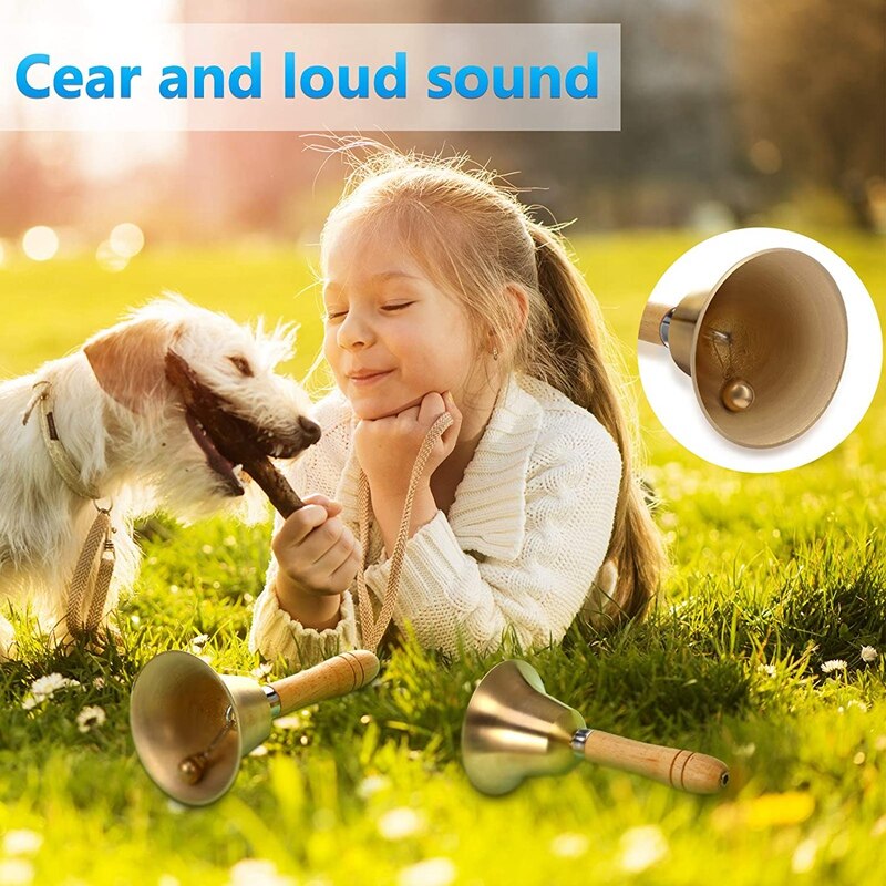 2 Pieces Brass Hand Call Bells with Wooden Handle Handbells,Held Service Bell,Animal Bell Decoration