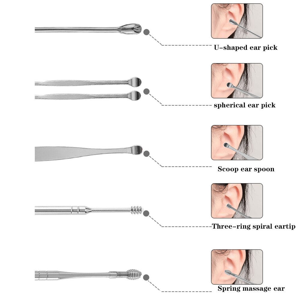 6 Stks/set Rvs Oor Pick Lepel Kit Oor Wax Verwijderen Cleaner Multifunctionele Draagbare Oor Pick Oor Care Beauty Tools