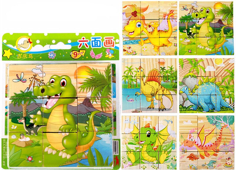 1PC Kinder Cartoon Holz Neun Blöcke Sechs-seitige Weisheit 3D Tier Würfel Puzzle Spielzeug für Kinder Bildungs baby Spielzeug: dinosaur