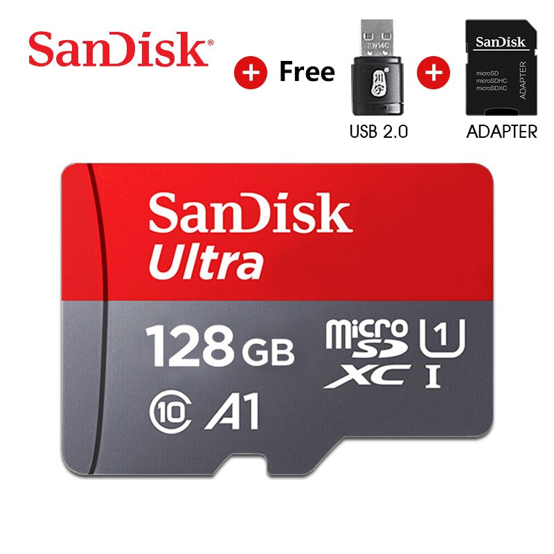 100% Original Sandisk micro sd Memory card 128GB 64G tf SD card 32G 16G SDXC SDHC Micro sd card Cartao De Memoia: 128GA1 and reader