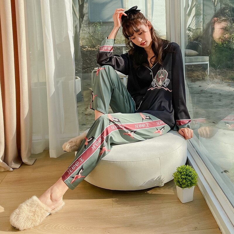 ChunShang Satin Ladies Pajamas Spring And Autumn Thin Long Sleeve Trousers Home Wear Rabbit Print Set