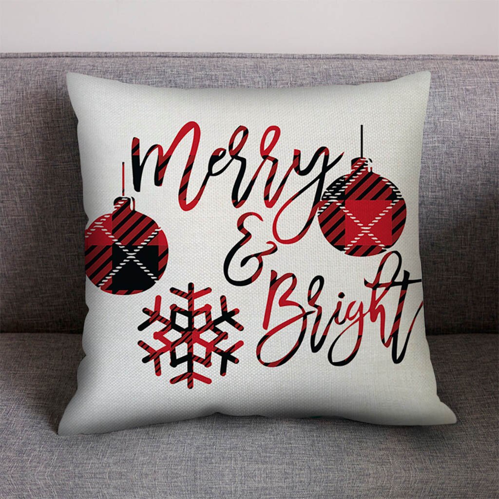 1 ud. Navidad dibujo de cuadros rojo ciervo árbol de Navidad cojín de decoración de sofá algodón Lino funda de almohada cojín hogar sala de estar: D