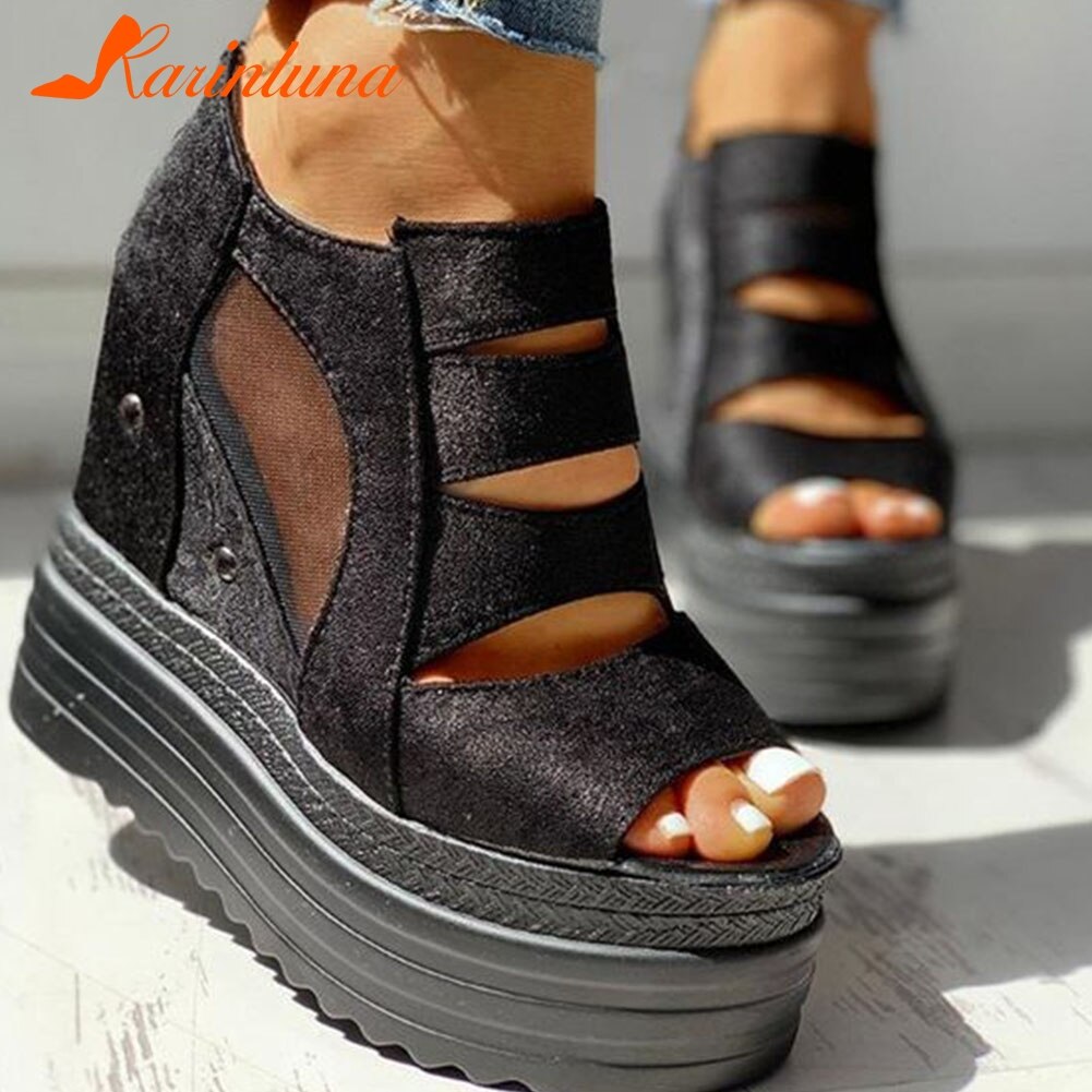 Karinluna Binnen Hoge Hakken Leisure Platform Zomer Laarzen Vrouwen Schoenen Booties Vrouwelijke Sandaal: Black / 5