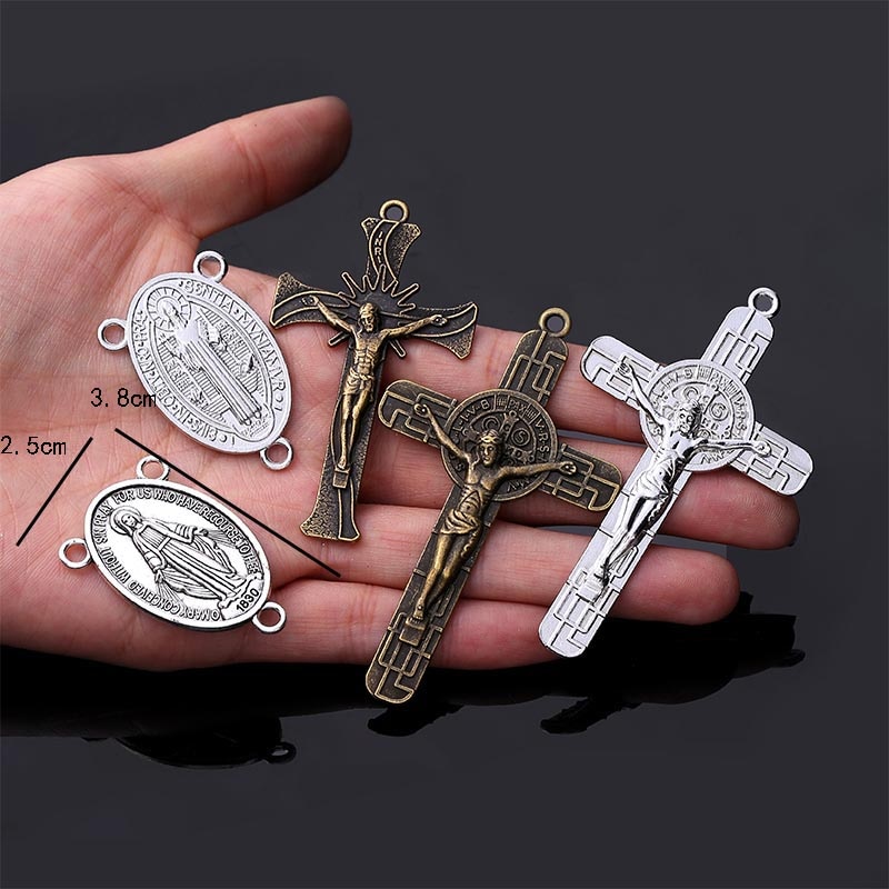 Grand pendentif croix, figurine de jésus, connecteur, grand chapelet catholique, médaille centrale