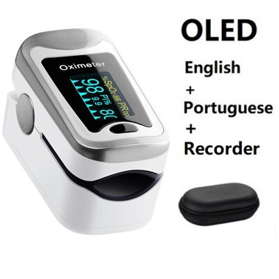 Fingerspids puls oximeter finger de pulso dedo hjemme puls oxymeter pulsioximetro med engelsk og portugisisk sprog oled: Sølv-hvid-kasse