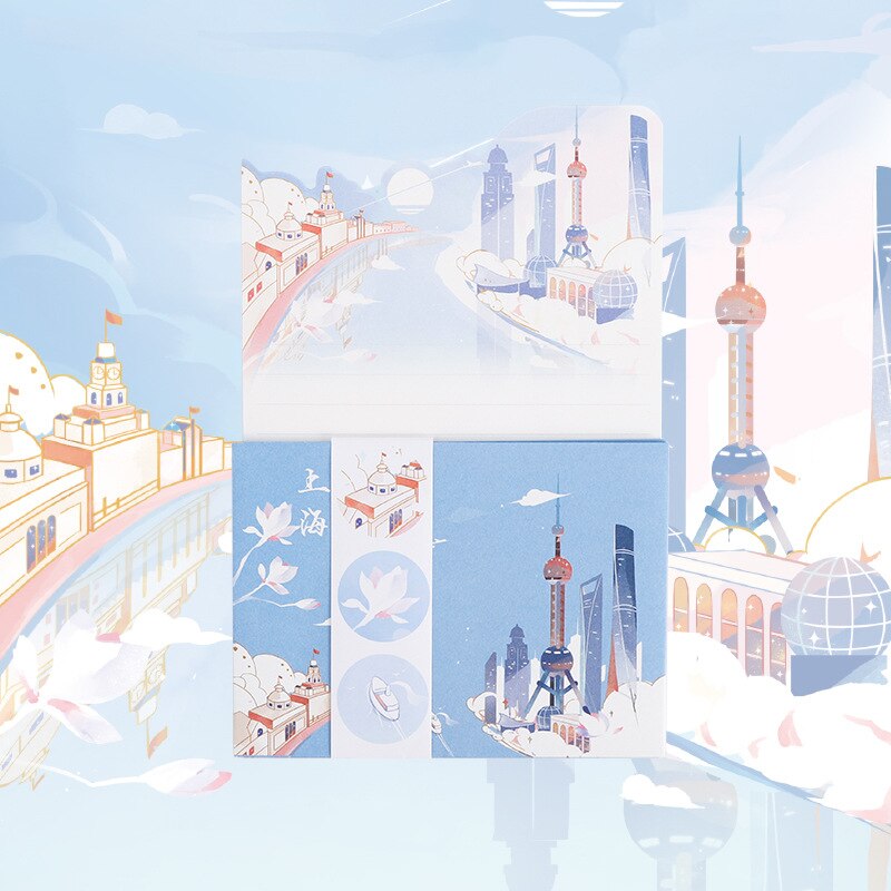 7 Cities Letter Paper Set Cartoon City Set Combination Stationery Postcard Color Page Envelope City Notes