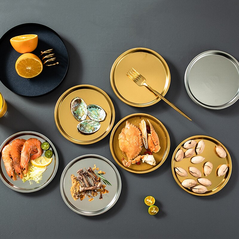 Stainless Steel Dinner Plates Restaurant Gold Serving Tray Round Dessert Cake Snack Dishes Silver Storage Plate Korean Cutlery