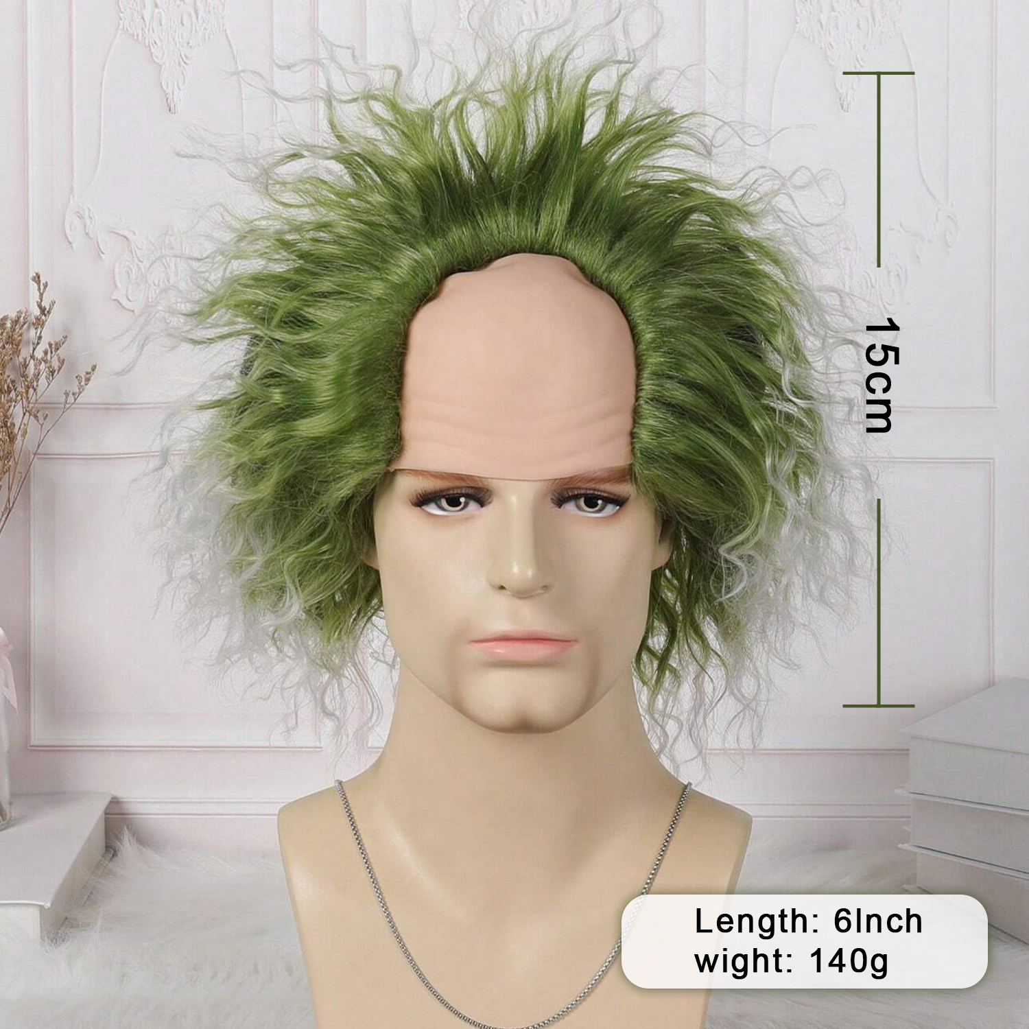 Groene pruik met kaal cap Clown korte krullende pruik groene pluizige golvende pruik partij cosplay pruiken Halloween pruik mannen, 6 inch synthetische pruiken