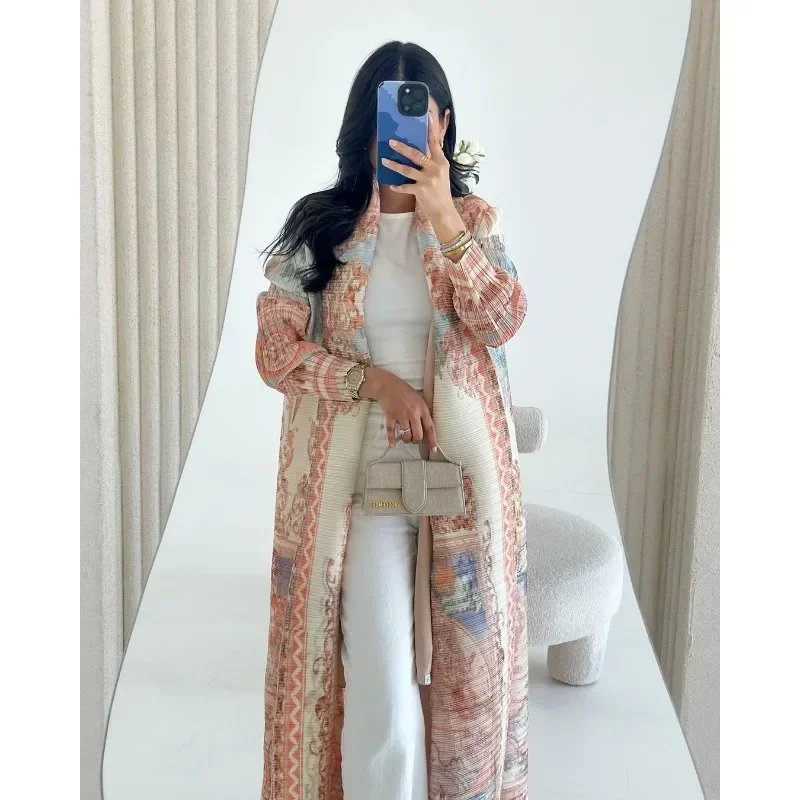 KAF Plissee Frauen Graben Mantel Jahrgang Gedruckt Strickjacke verlieren Plus Größe Frauen Lange Kleid Dubai Weibliche Luxus Abaya 2024
