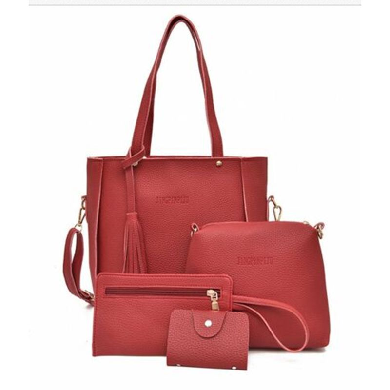 4Pcs Set Women Ladies Leather Shoulder Bags Tote Purse Satchel Messenger Bags /BY: Burgundy