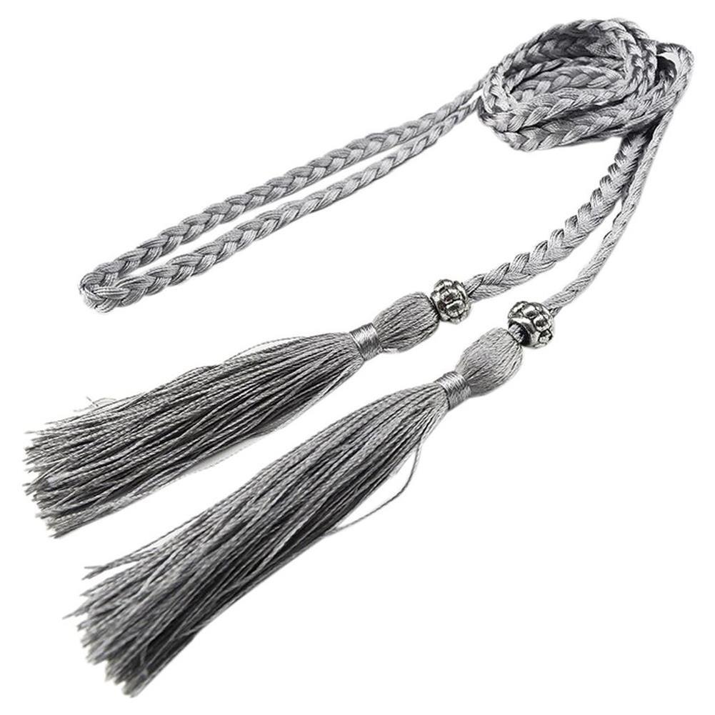 Cinto de borla tecido estilo trançado para mulheres, cintura boêmia para senhoras, corda de cintura, moda chinesa, acessórios de vestido: Prateado