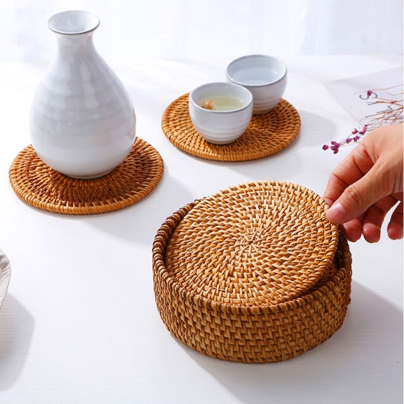 Tapis rond en rotin naturel pour tasse de thé, napperons thermo-isolants tissés à la main, rembourrage de Table, accessoires de décoration de cuisine