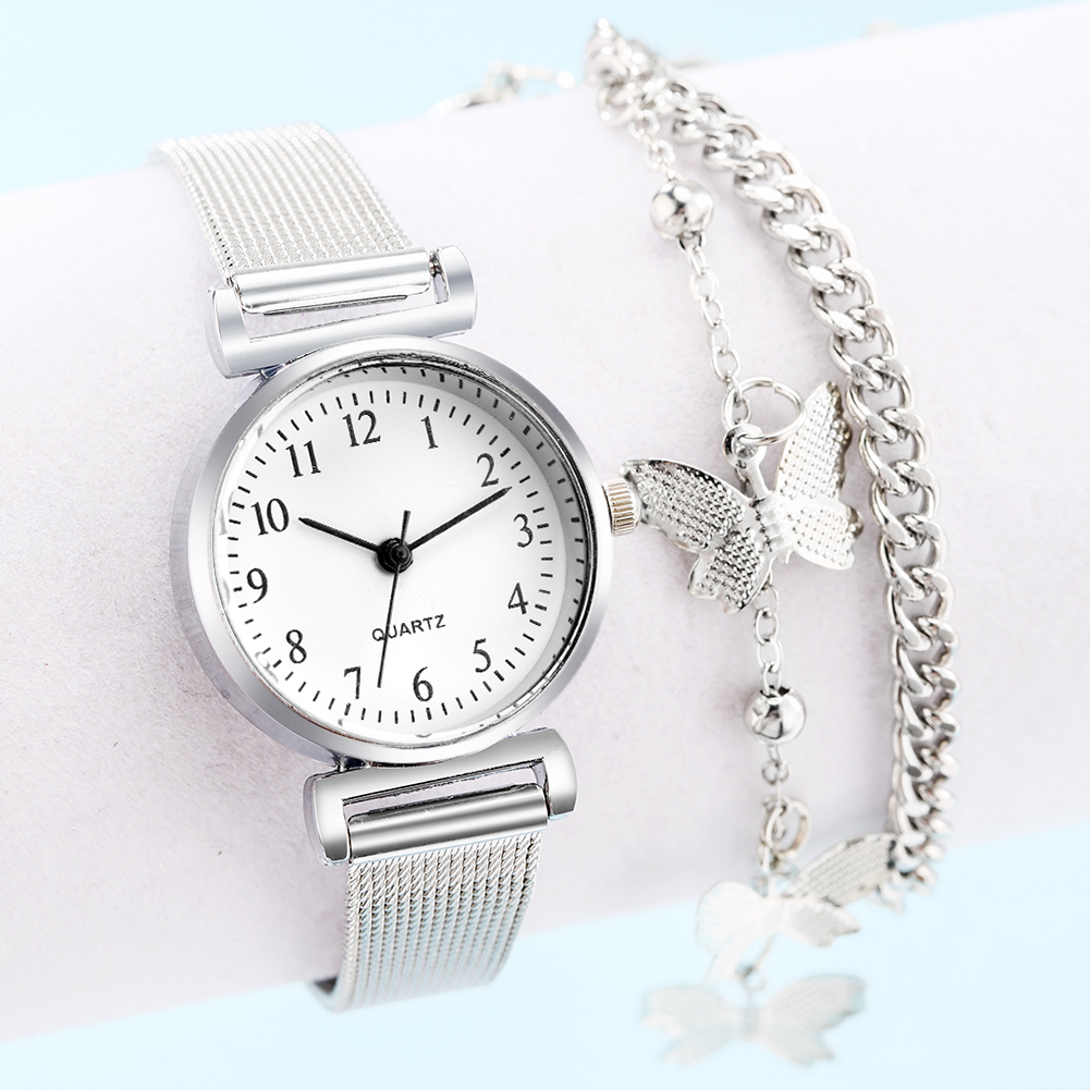 Elegante Vrouwen Armband Horloge Set Zilveren Romen Digitale Wijzerplaat Quartz Horloge Lady Chic Vlinder Hand Ketting Met Ringen Voor vrouw: Watch Bracelet B