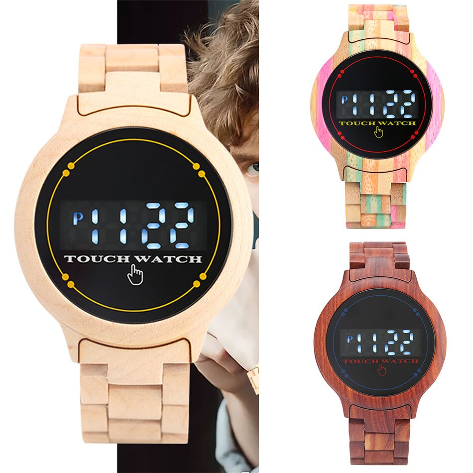 Touchscreen led elektronisch houten horloge heren digitaal houten armband polshorloge vouwsluiting sport casual herenhorloges