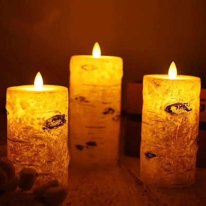 set of 3 Battery operated Dancing Swinging wick LED Candle Paraffin Wax Wedding Birthday Home Party Decor Birch Pillar Lights