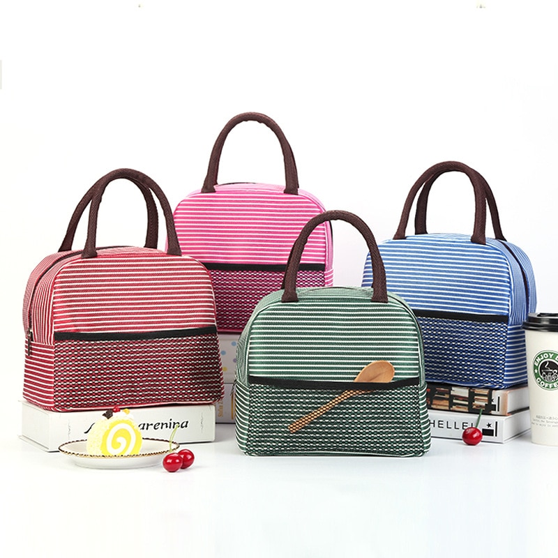 Japanese Stripe Waterproof Nylon Lunch Bags Portable Women Student Lunch Box Thermo Bag Office School Picnic Cooler Bags Bolsos