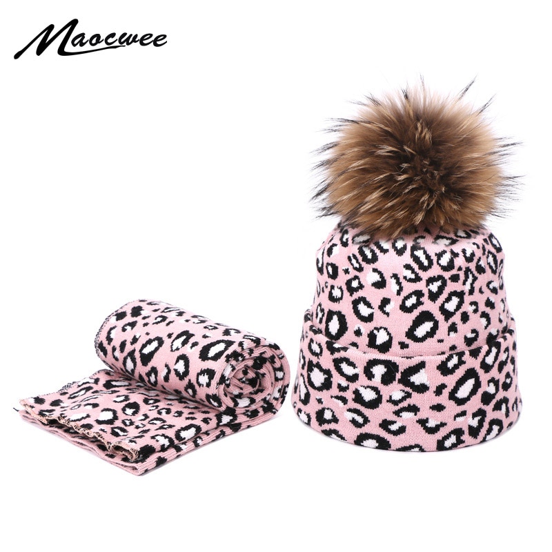 Vrouwen Luipaard Beanie Hoed Met Wasbeer Bont Pompom Winter Warm Printing Slouchy Mutsen En Sjaal Femme Skullies & Beanie hoofddeksels