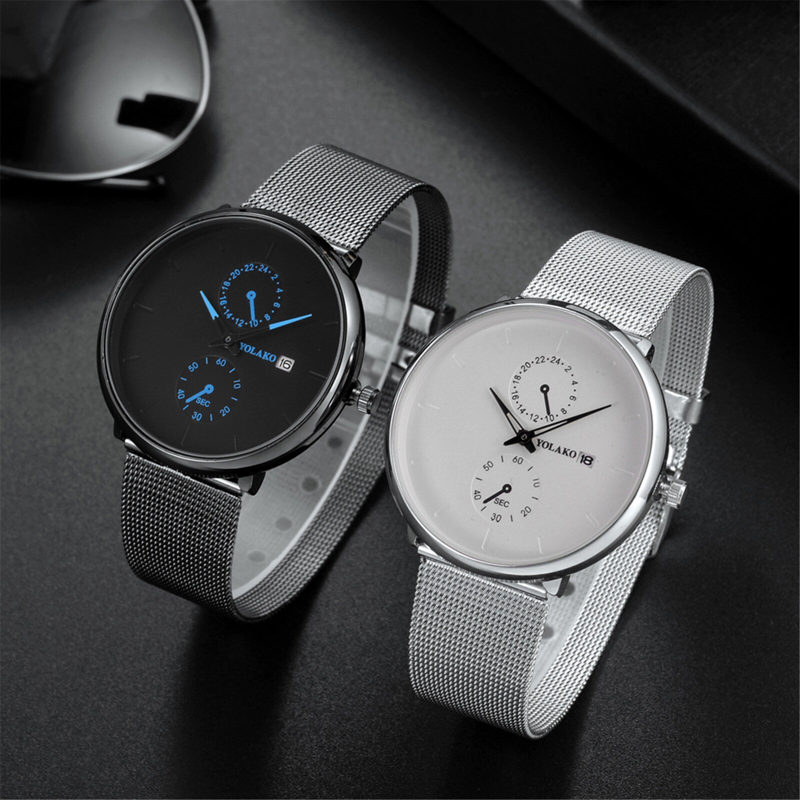 Mode Heren Gecontracteerd Horloges Trend Dial Dubbele Ogen Drie Handen Riem Kalender Riem Heren Horloge