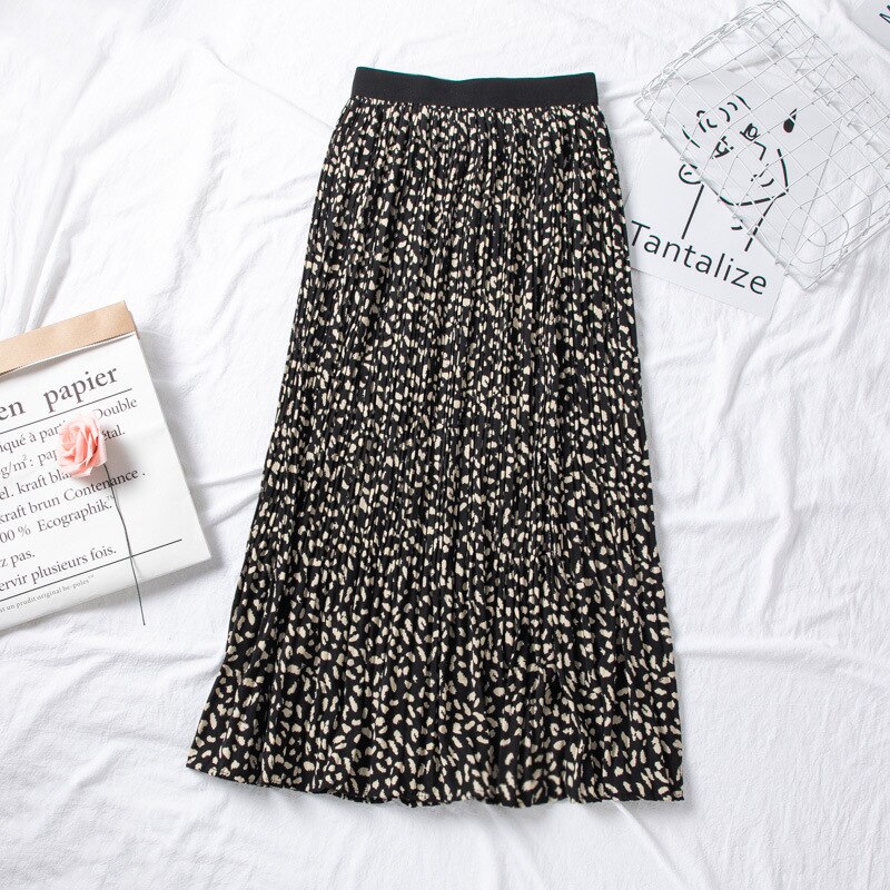 Qooth sommar höst kvinnor lång leopardkjol elastisk midja chiffong veckade kjolar casual maxi beach tryckt kjol  df650: Leopard 4