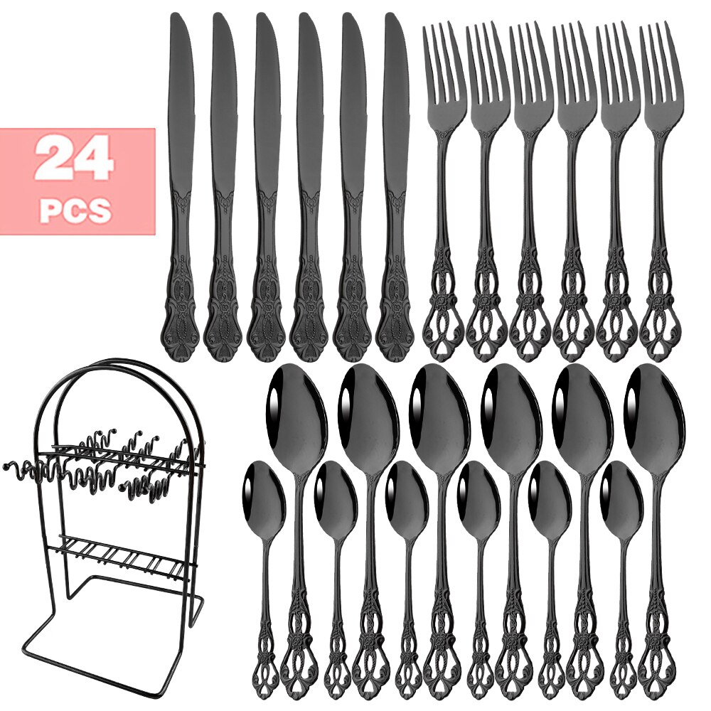 6-24pcs Luxury Wedding Silverware set Silver Dinnerware Knife Fork Tea Spoon Retro Kitchen Flatware Tableware Cutlery Rack Set