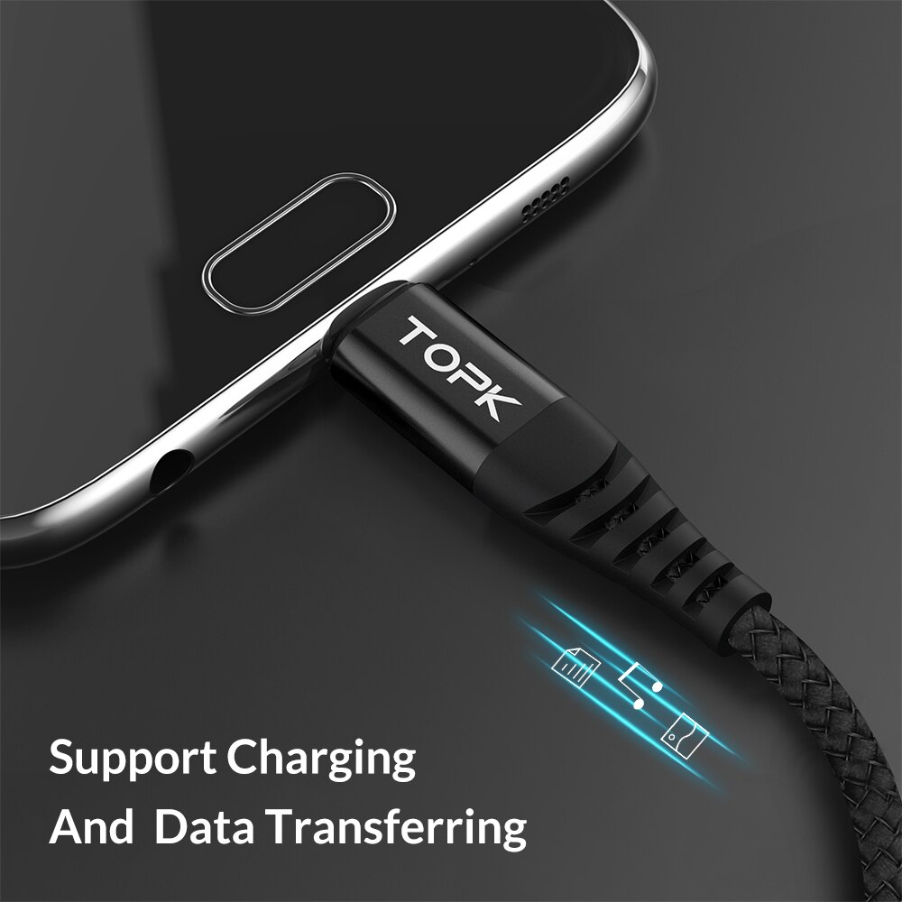 Topk-cabo micro usb de nylon trançado, para celulares android, samsung s7 edge, xiaomi redmi 4x