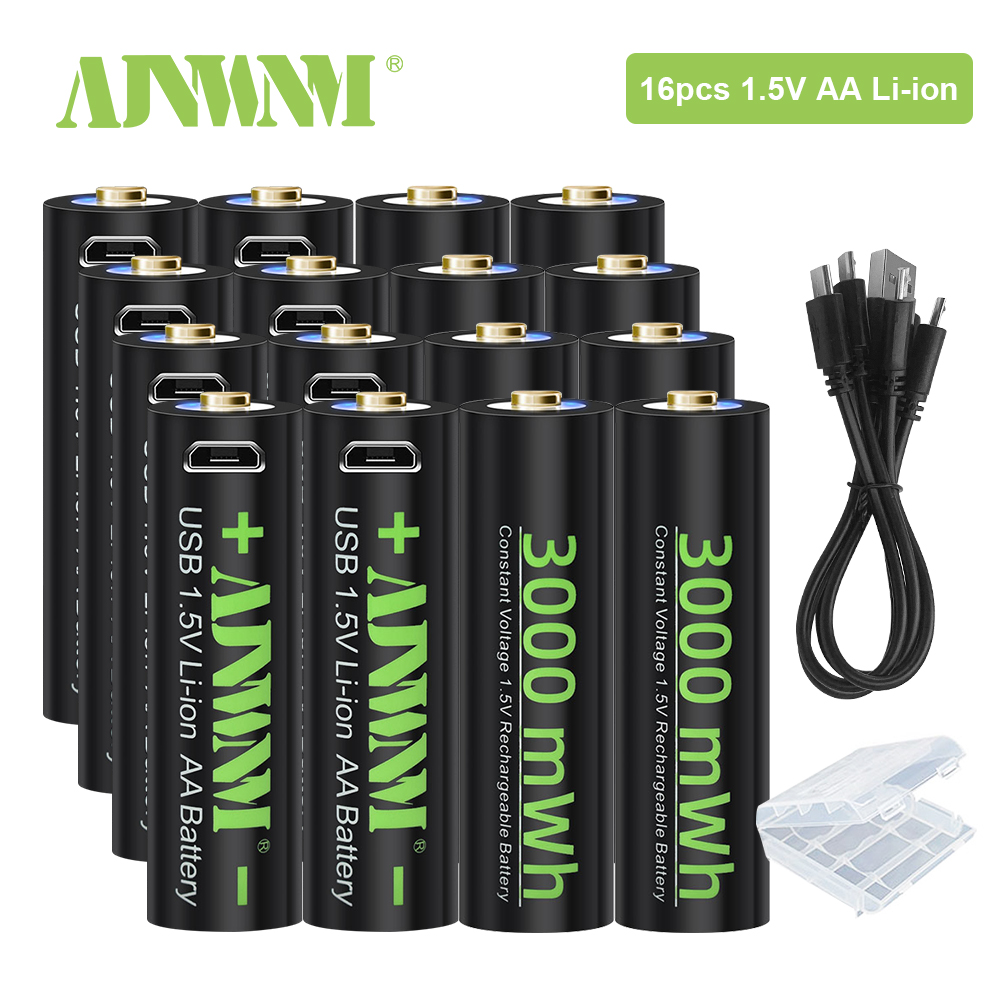 Ajnwnm 1.5v aa usb genopladeligt li-ion batteri 3000 mwh batterier aa til fjernbetjening trådløs mus + usb kabel: 16 stk aa batteri